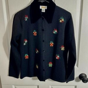 Talbots Christmas sweater, holiday, black, 100% wool, gift design